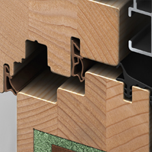 Details aus dem Holz/Alu Profil eines Perfecta Fensters
